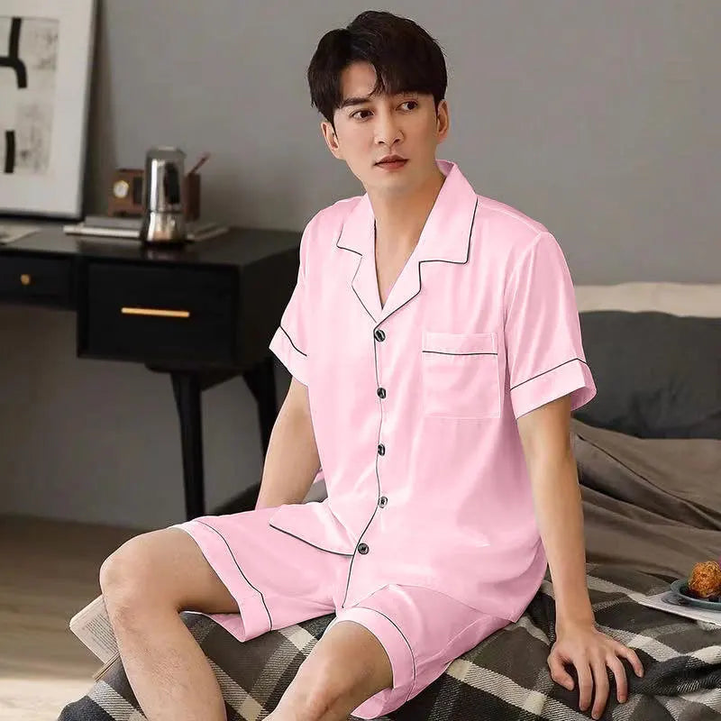 KIDWHXR Man Pajama Set Summer Single-breasted Shirt Male Loose Straight Shorts Men Ice Silk Comfortable 2-piece Sleepwear Outfit