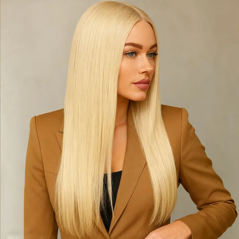 Women's golden 28 inch straight synthetic wig is fashionable and elegant, suitable for daily party wear