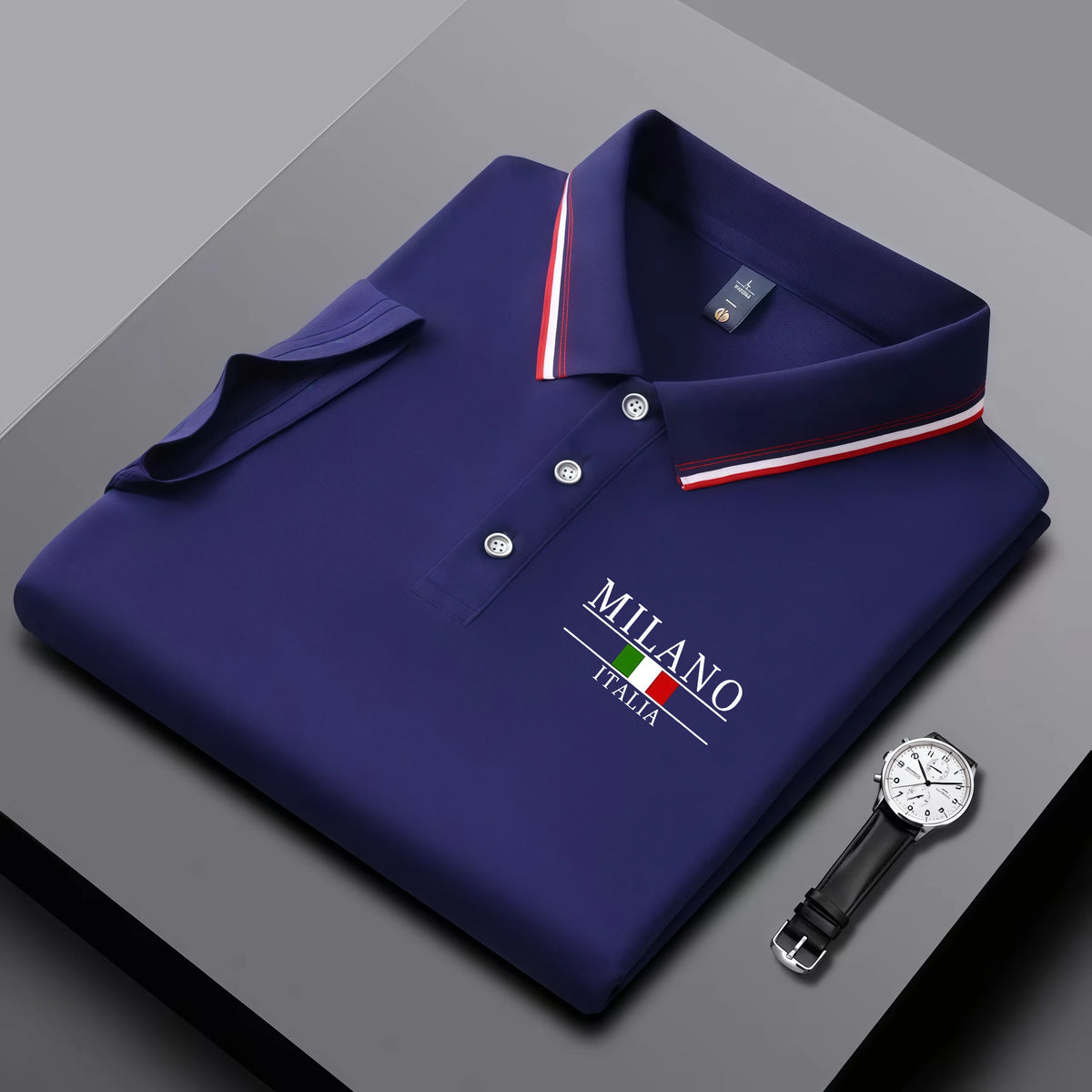 Summer men's trendy polo shirt with Italian Milan print, striped collar, summer breathable casual business top
