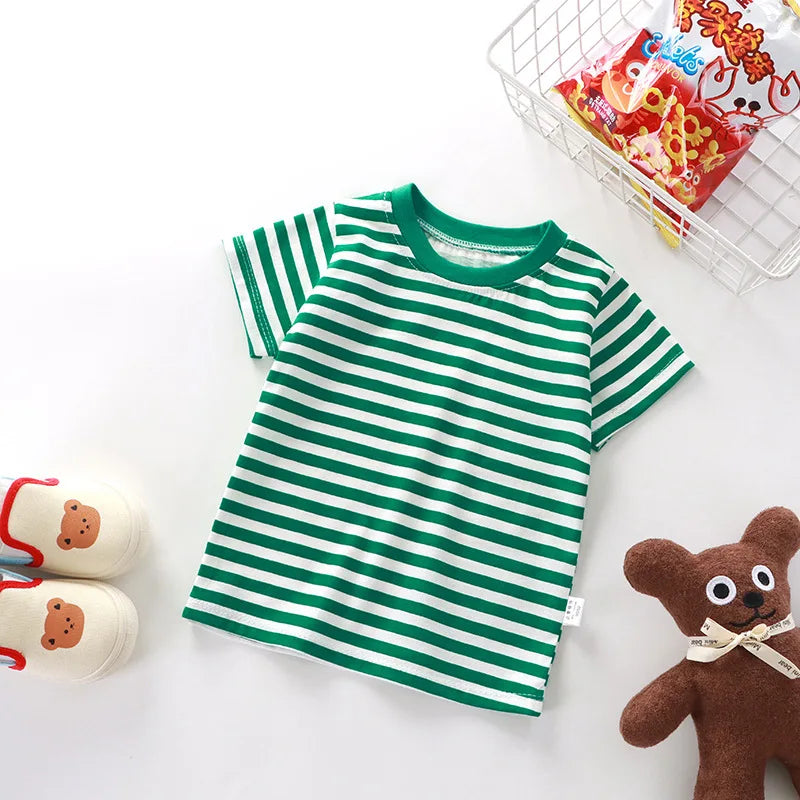 1pcs Kid 100% Cotton Short Sleeve T-shirt Summer Baby Comfortable Clothes Boys Girls Stripe Tee Children Breathable Leisure Tops