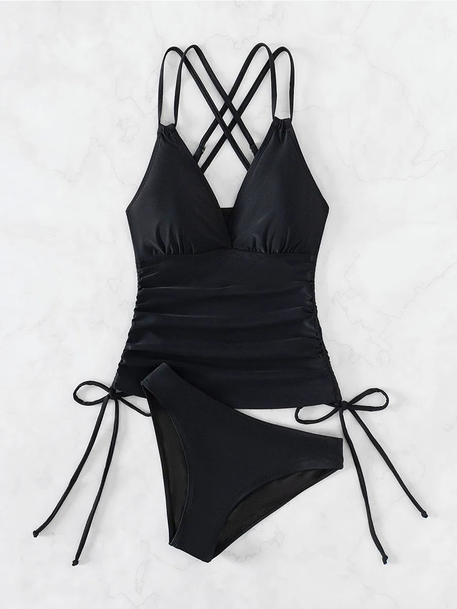 Tankini Solid Color Swimsuit Women High Waist V-neck 2 Piece Suspender Bikini Bathing Suit Lace-up Backless Swimwear 2025 New