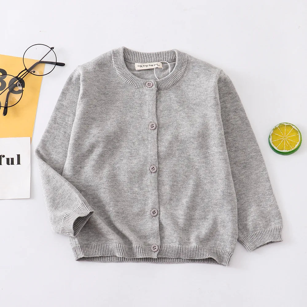 Spring Autumn New Boys Girls Sweater Solid Color Round Neck Single Breasted Design Knitted Coat For 1-8 Years Old Kids