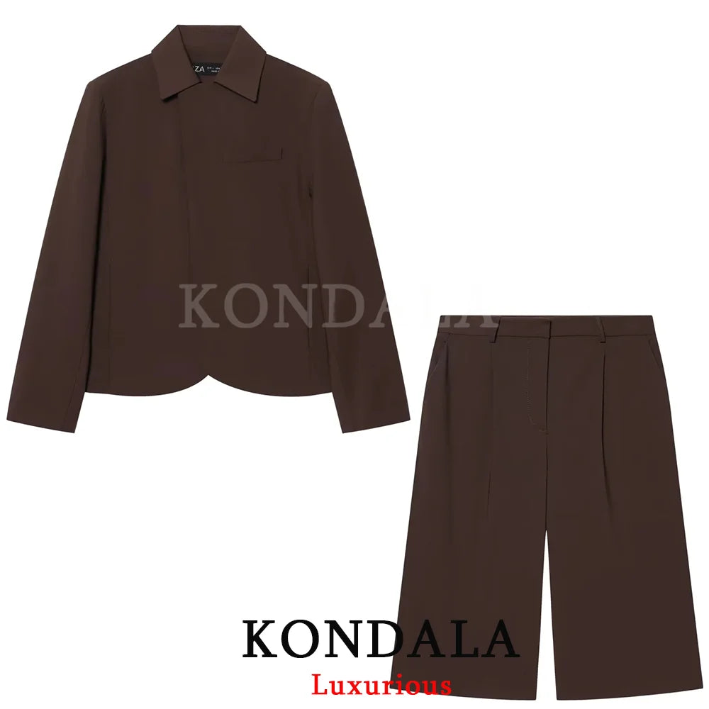 KONDALA Women Office Lady Casual Chic Brown Blazer Suit Long Sleeve Blazer Zipper Half Pants Fashion 2026 Spring Summer Suit