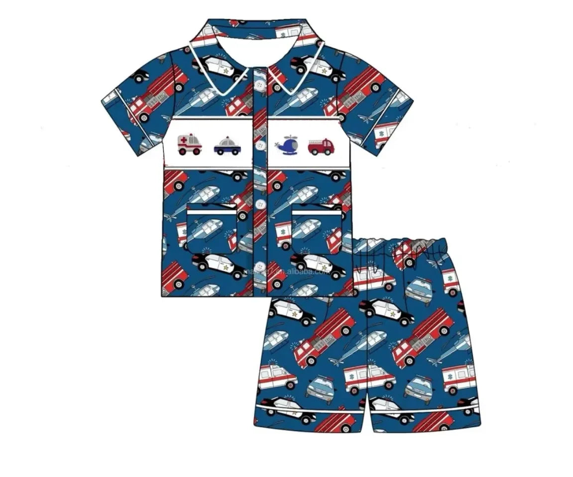 Kid Pyjamas Wholesale Boys Fire-Fighting Outfits Boys Pajamas Clothing Summer Fire-Alarm Shorts Boys Sets