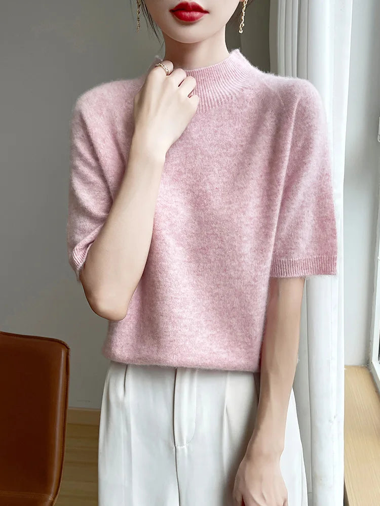 Short Sleeve Women Sweater Basics 30% Merino Wool Female Knitted Pullover Summer Clothing Tops Solid Casual Mock Neck T Shirts