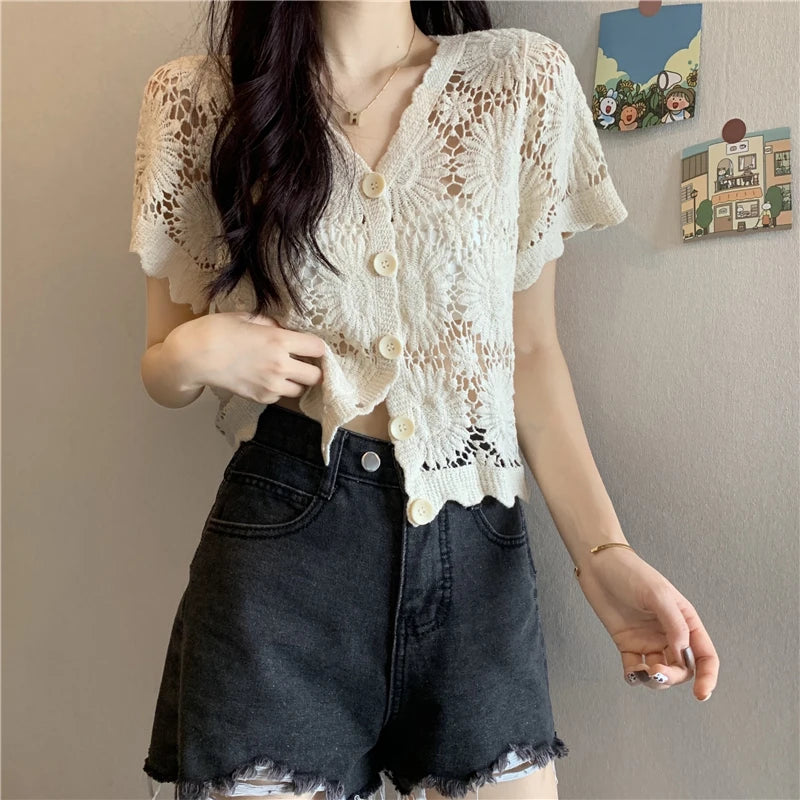 Women's ort Sve Open Cardigan Knitted Sweater Hollow out Thin Summer Korean Sle Versatile ort Cover up Base Top