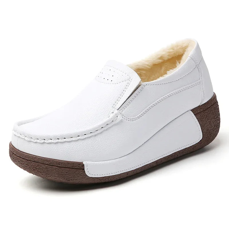 Spring and Summer Women Fashion Loafers Genuine Leather Moccasins Autumn Slip-on Casual Round Toe Wedge Platform Rocking Shoes