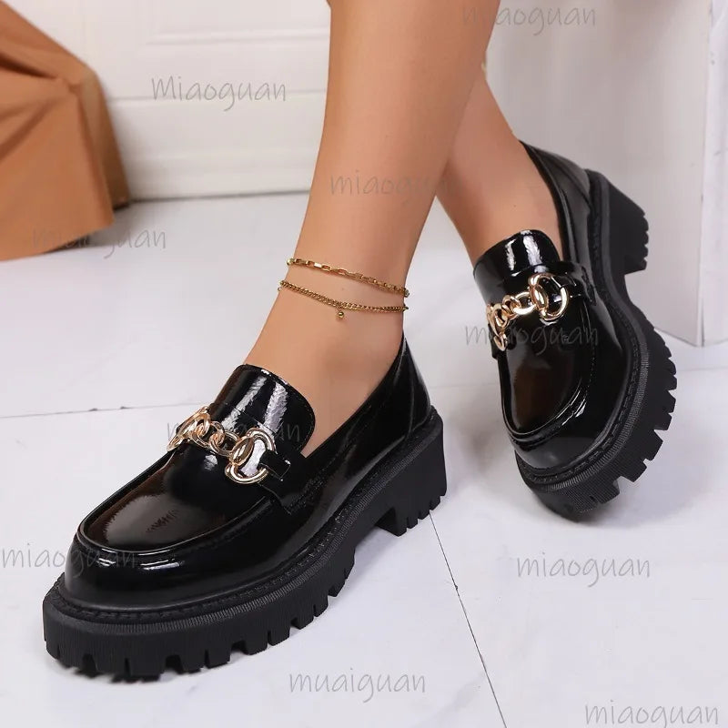 Fashion Metal Decoration Black Loafers Shoes for Women Non Slip Platform Casual Shoes Slip-on Office Ladies Footwear Size 35-43