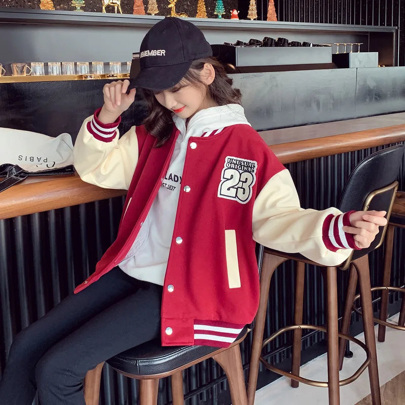 Children Girls Baseball Jackets For 3-14 Years Old Teens Clothes Children Sports Outerwear Coat Spring Autumn Fashion Jacket