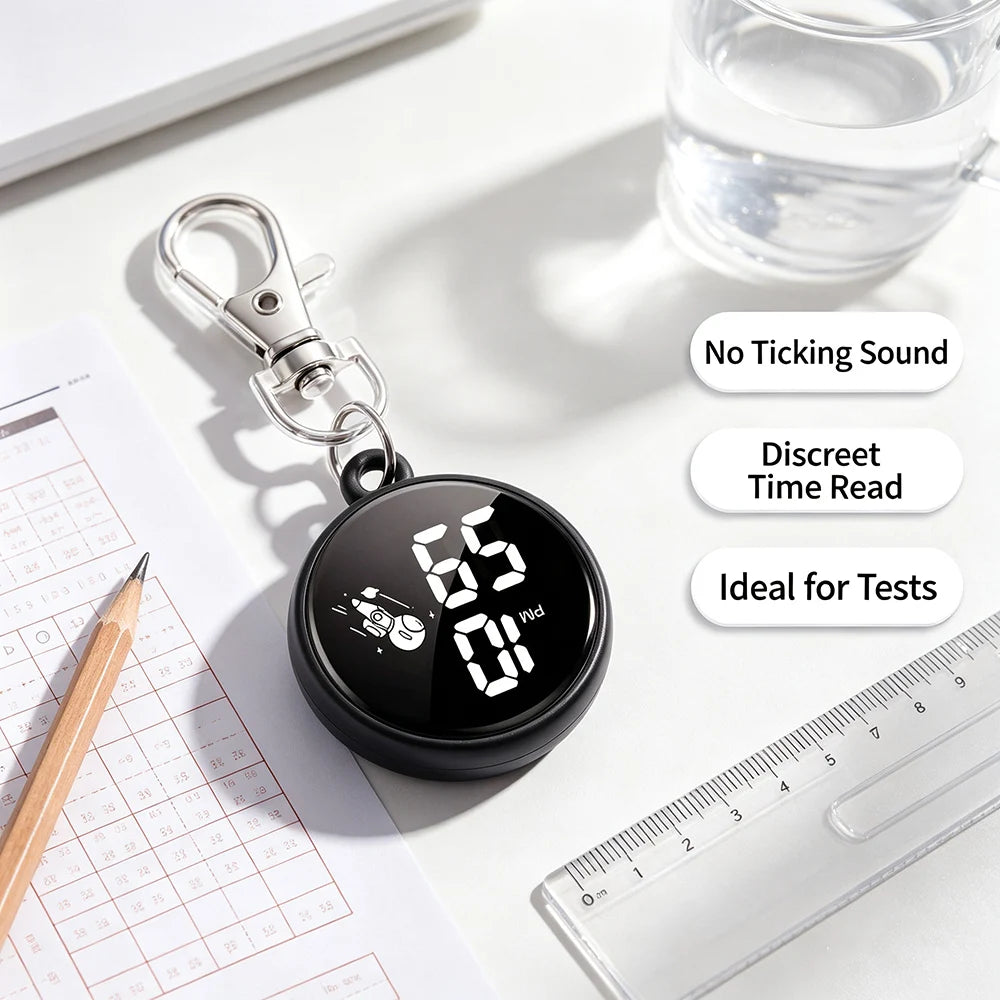 New Silent Digital Exam Keychain Watches for Kids Portable Round Hanging Backpack Large Screen Pocket Watch for Student Girls