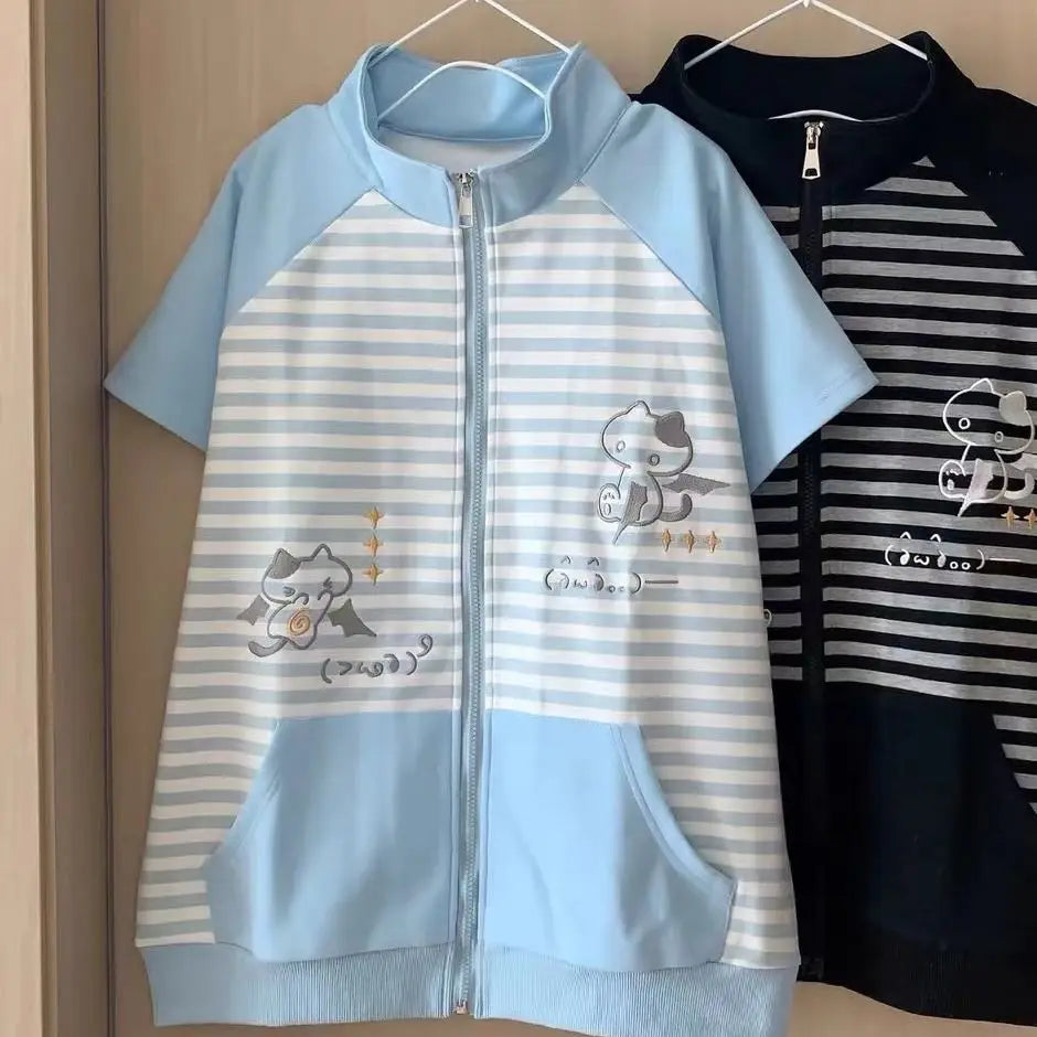 Y2k Japanese Short Sleeve Hoodie Sweet Women Casual Bodycon Kawaii Top Stand Collar Cat Embroidery Zipper Spring Summer