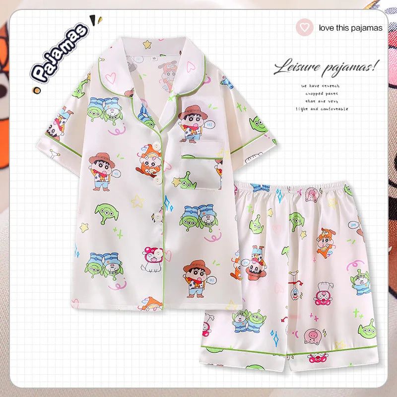 Anime 2Pcs Pikachu Boys Children Pajama Set Cartoon Girls Summer Thin Version Ice Silk Lapel Short Sleeve T-Shirt Shorts Pijamas