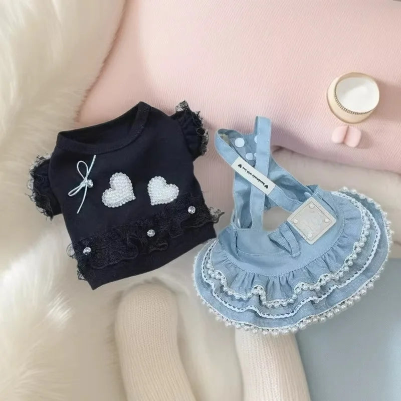 Pet Clothes For Small Dogs Cats, Puff Sleeve Lace Blouse Denim Skirt Cute Puppy Kitten Daily Outfit
