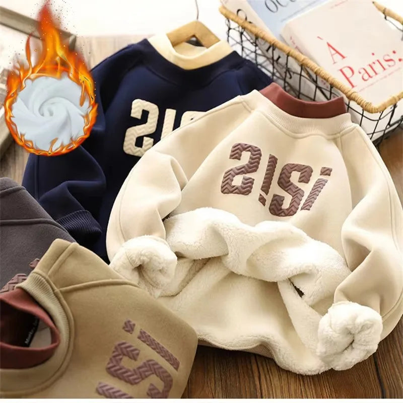 Warm Boys Thick Sweatshirts Children Plus Velvet Pullover Kids Winter Casual Clothes Teenager Autumn Printed Sport Shirts 4-14Y