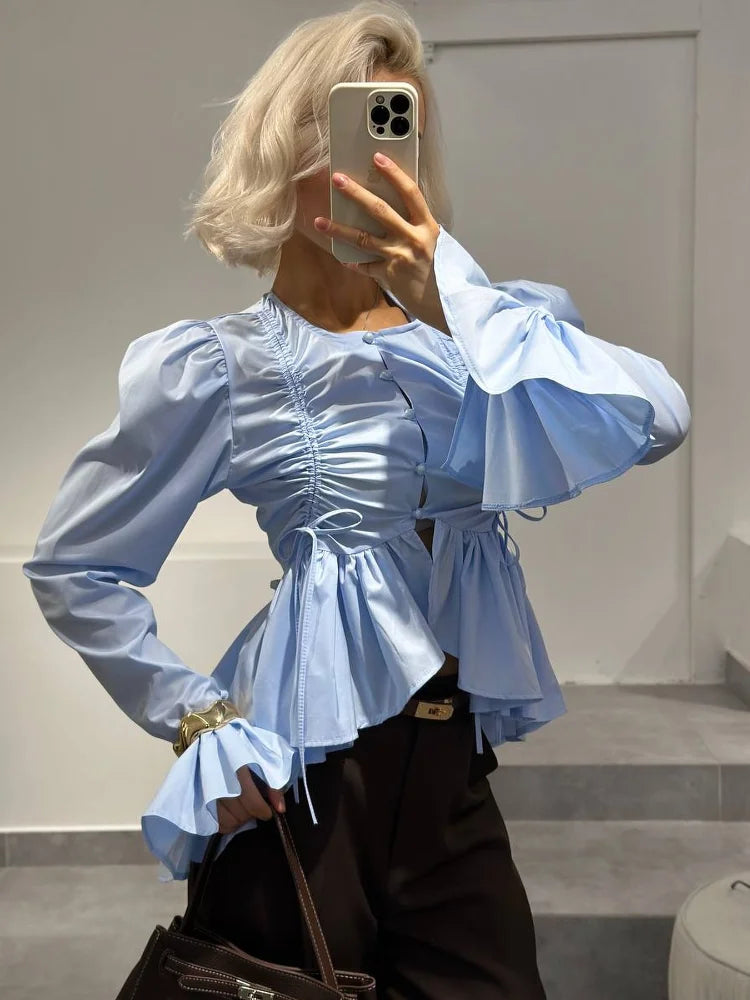 Women's Shirt Flare Sleeve Single Breasted Ruffle Hem Solid Female Shirts 2026 Fashion Spring Summer 2026 Elegant Cropped Tops