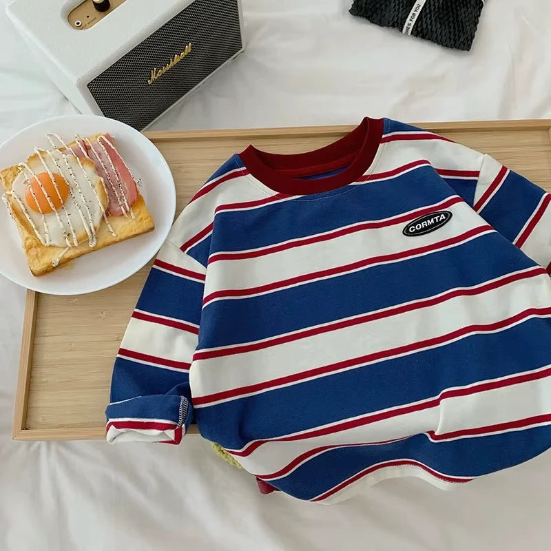 2026 Fashion Stylish Boys' Striped Sweatshirt Comfortable Long Sleeve Top for Spring & Autumn Casual Base Layer Shirt Kids