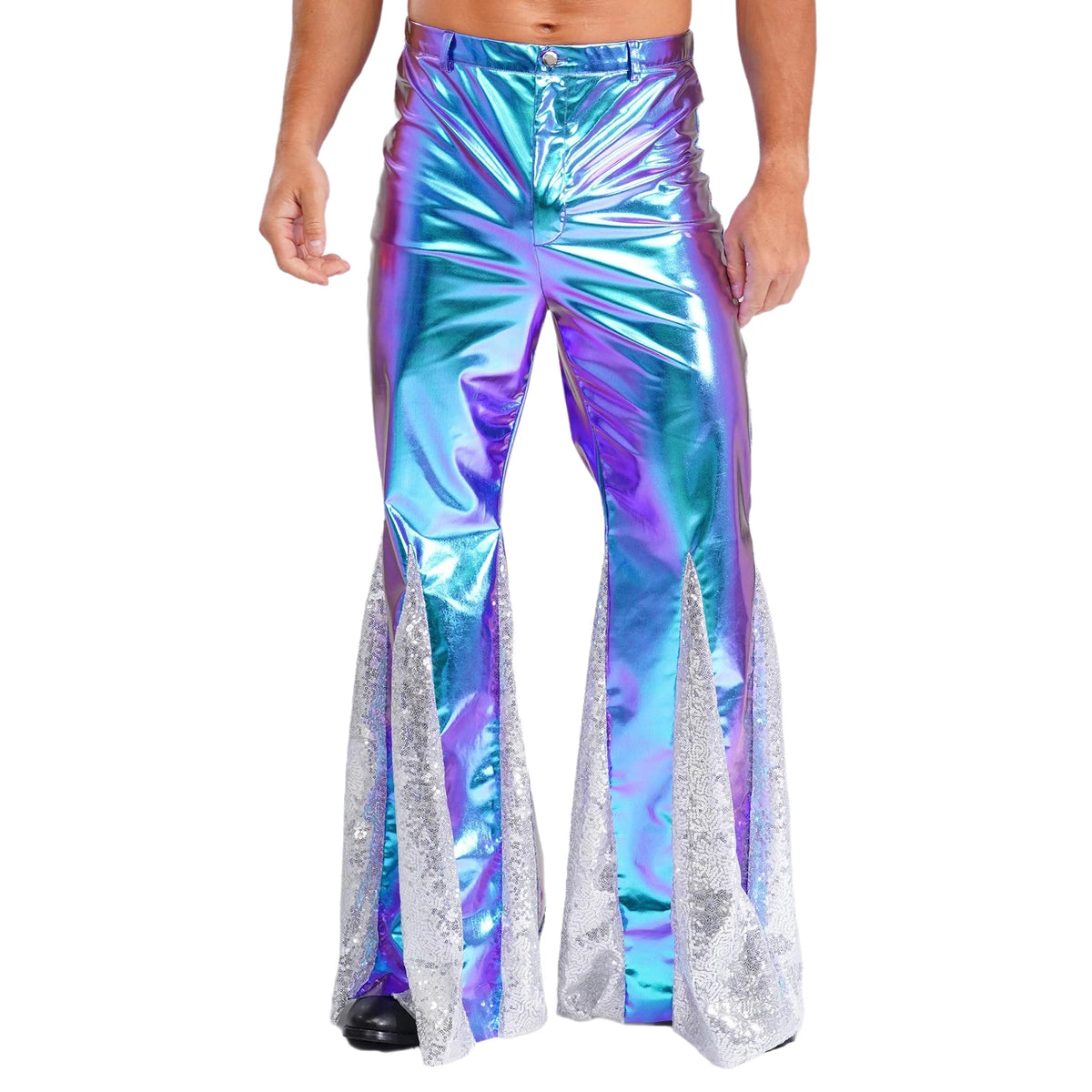 Mens Shiny Metallic 70s Disco Flared Pants Hippie Vintage Hip Hop Carnival Performance Costume Sequins Bell Bottoms Trousers