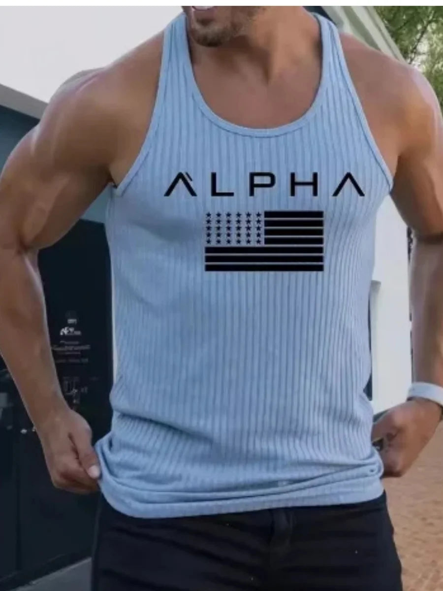 New Fitness Sports Tank Top Men's Sleeveless Summer Knitted Vertical Striped Casual Slimming Men's Sports Tank Top