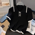 Ice Silk Polo Shirt Summer Women's Knitted Short Sleeve Polo Casual Versatile Women Sweater Tops 2025 Korean Clothing