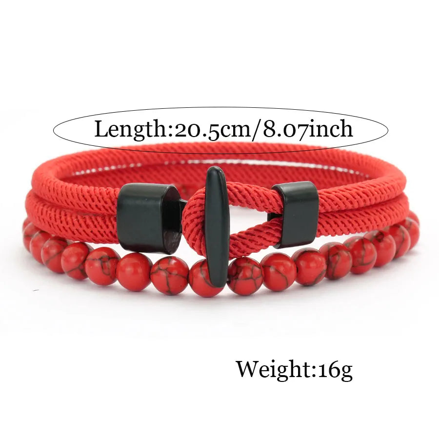 Classic 2Pcs Rope and Beaded Bracelet for Men Handmade Easy Hook Rope Natural Malachite Casual Nautical Jewelry Set Pulseria