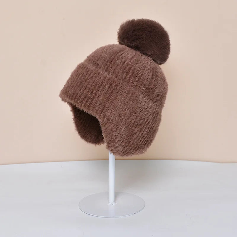 HT4280 Autumn Winter Hats for Women Thick Warm Knitted Hat Ladies Solid Beanies Russian Hats Female Ski Earflap Cap Beanie Hat