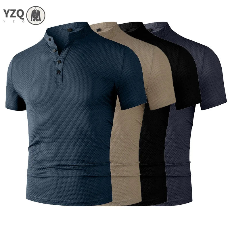 Men's Business Casual Short Sleeve POLO Shirt Bone Flower Solid Color Breathable Comfortable Fashion Summer Versatile Top