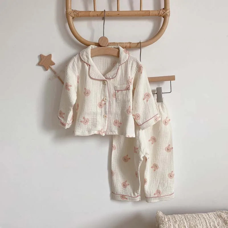 2Pcs Autumn New Kids Pajamas Korean Long Sleeve Print Bear Cardigan And Pants Cotton Musline Yarn Sleepwear