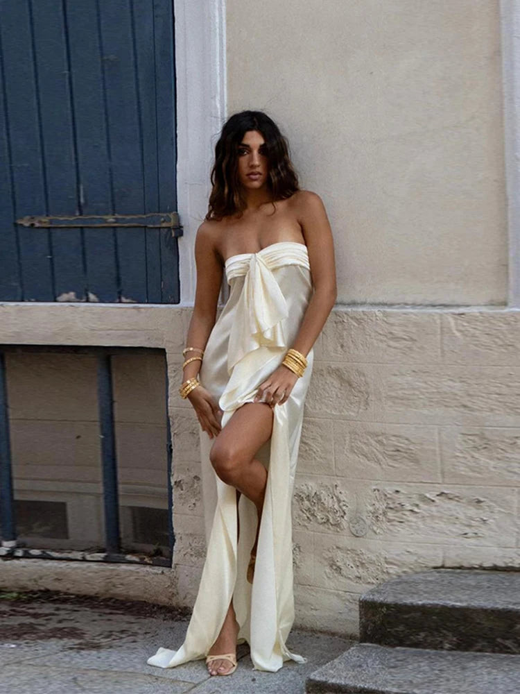 Women's Elegant Satin Long Evening Gowns  Backless Sleeveless Maxi Robes Solid Party Mini Vestidos 2026 New Lady Summer Dresses