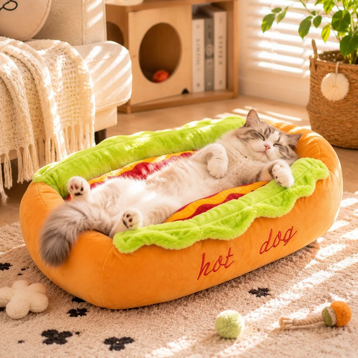 Plush Hot Dog Pet Bed Detachable Pet Nest Warm Soft Sleeping Cushion Cute Cartoon Sausage Design Dog Bed Cat Sofa Pet Accessory