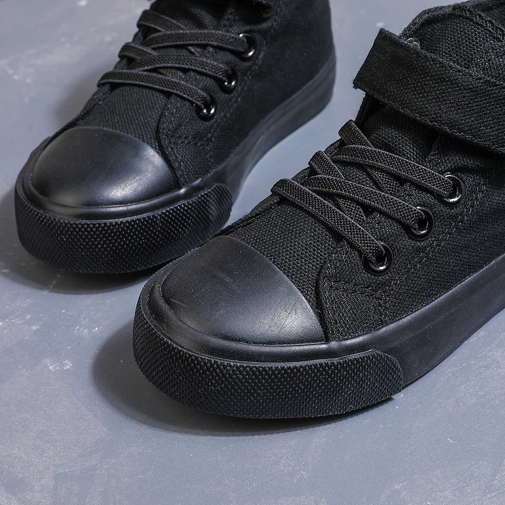 COMFY KIDS Black High-Top Canvas Sneakers, Velcro Strap and Lace-up Shoes for Boys and Girls (Ages 3-12), Comfortable Sports Shoes for Outdoor Play and School