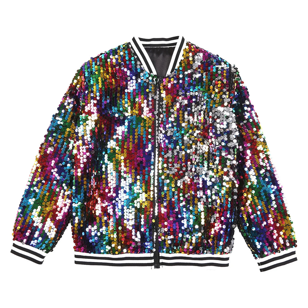 Kids Girls Long Sleeve Fashion Sequin Baseball Jacket Bomber Coat Hip Hop Jazz Street Dance Cheerleading Performance Dancewear