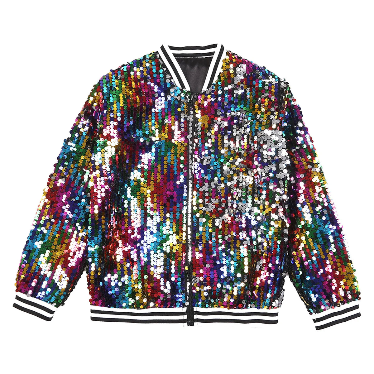 Kids Girls Long Sleeve Fashion Sequin Baseball Jacket Bomber Coat Hip Hop Jazz Street Dance Cheerleading Performance Dancewear