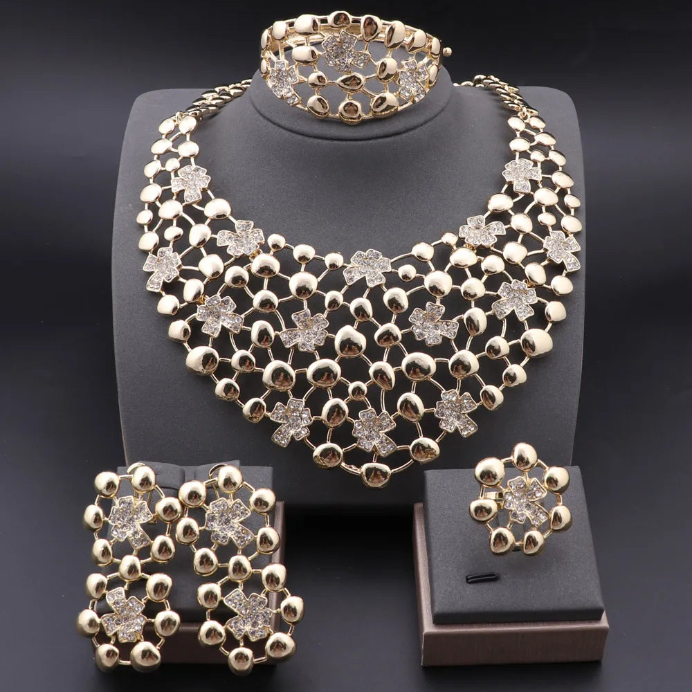 Elegant Jewelry Sets Dubai Silver Plated Jewelry Women Necklace Bracelet Earrings Ring Bride Wedding Party Accessories