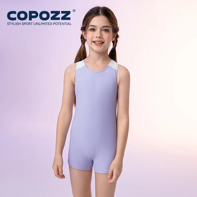 COPOZZ Solid Kids Swimwear Girls Summer One-piece Slim Quick-drying Swimsuit Fashion Hollow Out Sleeveless Children Beachwear