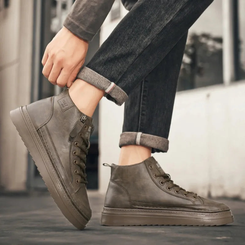 New Men Leather Boots Spring Comfortable Soft Sole High Top Work Shoes Classic Business Casual Ankle Boots Sneakers Botas Hombre