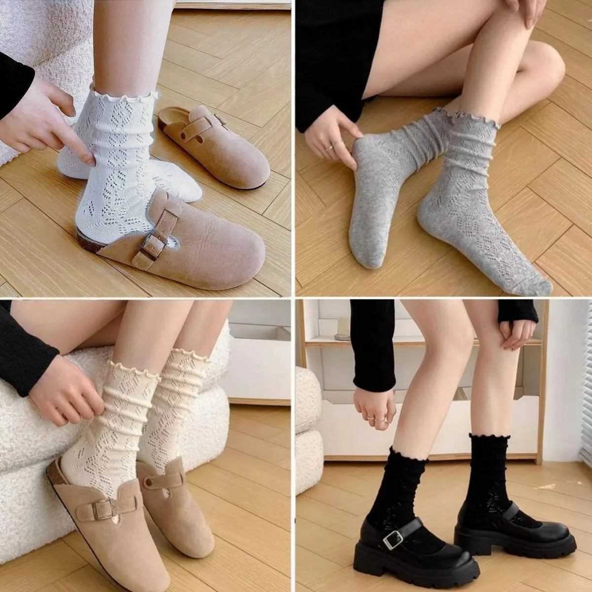 6 Pairs/lot Women's Mid-Tube Socks Hollow-Out Mesh with Flounce Trim Breathable Slouch Trendy and Versatile for Instagram Style