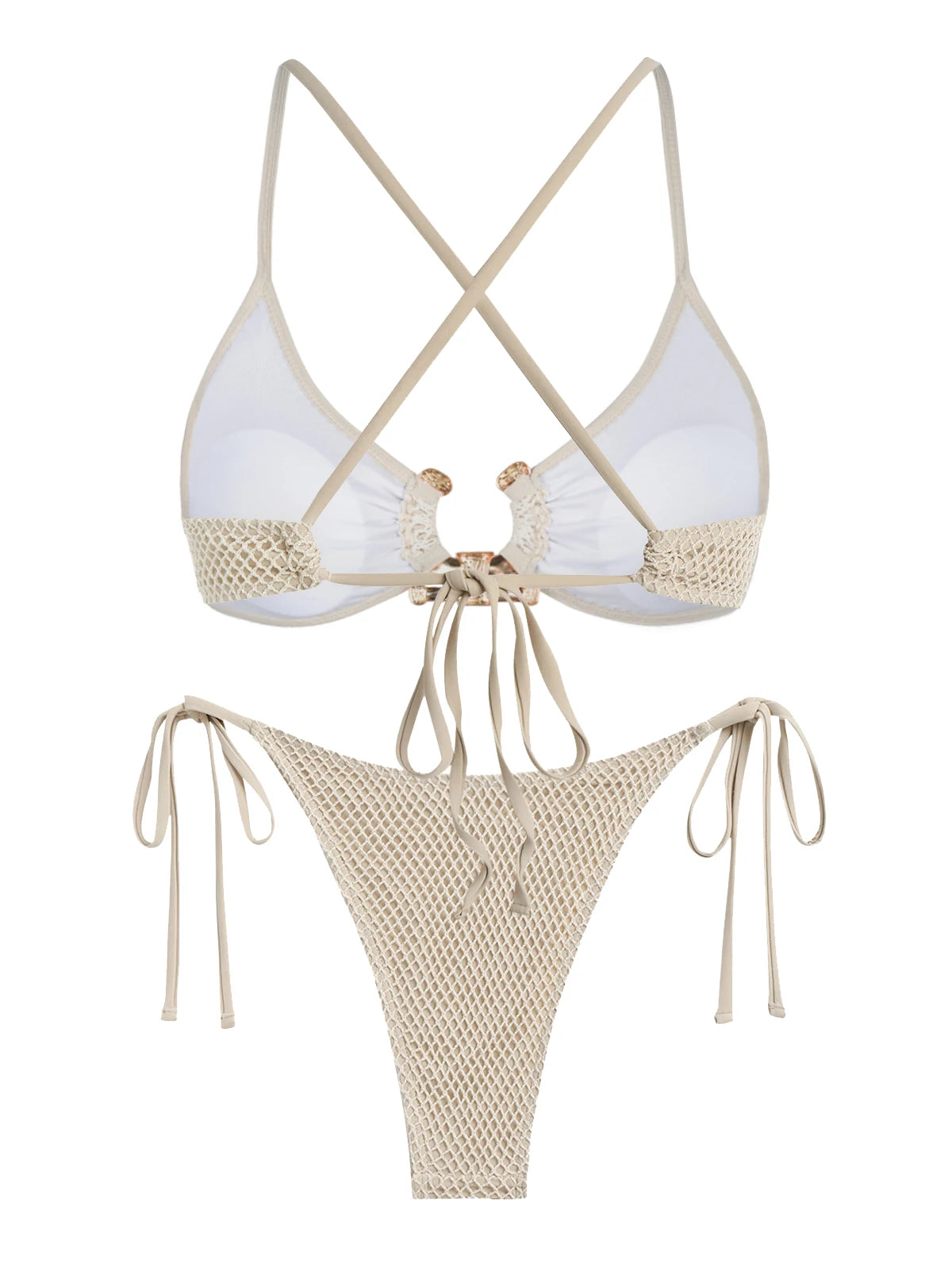 Women's Metal Ring Decor Textured Criss Cross Back Tied Side Tanga Bikini Set Two Piece Swimwear - Deep Green L