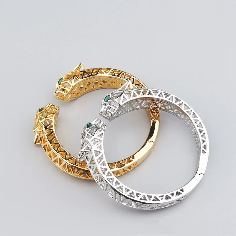 Europe America Style Men Women Lady Plated Gold Color Inlay Cubic Zircon Hollow Out Green Eyes Double Leopard Open Ring Bracelet
