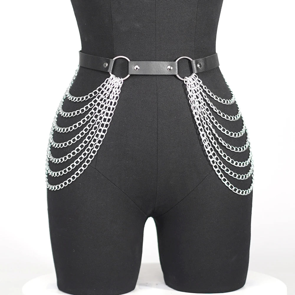 Women Sexy Body Chain Jewelry Pu Leather Waist Belt With Chains Festival Chain Belly Belt Jewelry for Women Gothic Accessories