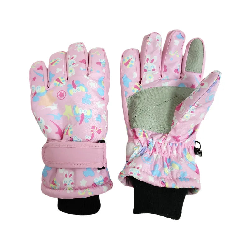New Children Ski Gloves Girls Warm-Keeping Cartoon Pink Gloves Boys Cotton Waterproof Touchscreen Sports Gloves 9-15Y