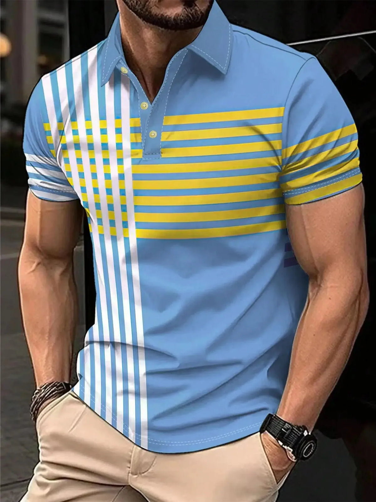 2026 Summer Men's Polo Shirt with Stripes Print Breathable Lightweight Casual Fashionable Outdoor Men's Clothing