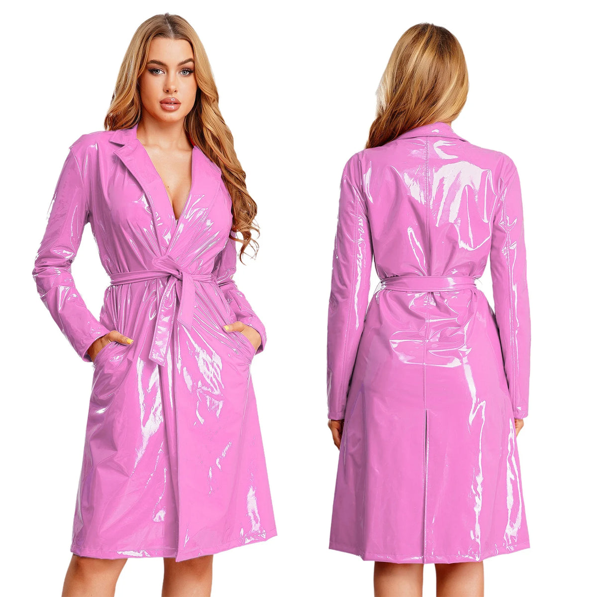 Women Wet Look PU Leather Long Trench Coat Blazer Lapel Open Front Long Sleeve Jacket Overcoat with Belt Streetwear Clubwear