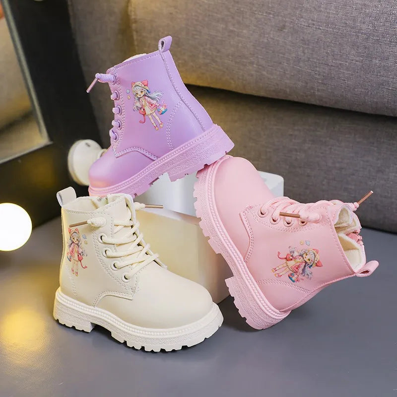 Girls Boots Kids Fashion Rubber Boots Cool Girl Autumn and Winter Cotton Soft Sole Pink with Cartoon Side Zip Princess Round-toe