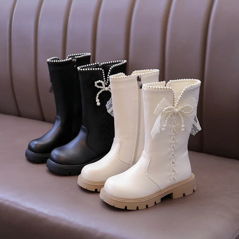 Girls Fashion Padded High Boots 3-18 Years Old Beige Bow Children's Cotton Shoes Versatile Non-slip Girls Short Leather Boots