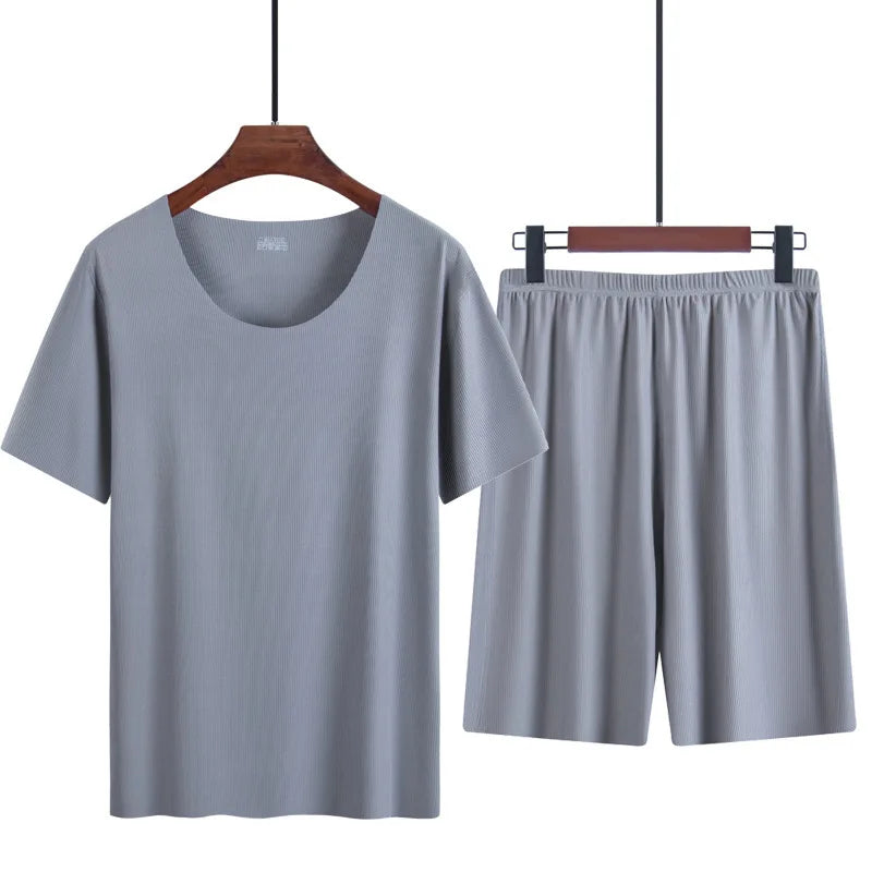 Two-Piece Men's Ice Silk Pajamas Men's Summer Thin Modal Short-Sleeved Pajamas Homewear Men's Large Size Pajamas Homewear Set