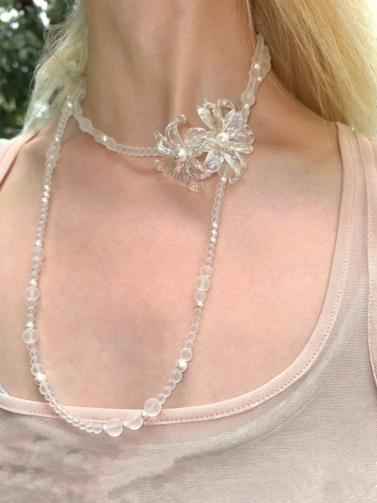 Jewelry Accessories for Women, Transparent Acrylic Beaded Layered Necklace, Elegant Floral Pendant Long Tassel Chain, Bohemian S