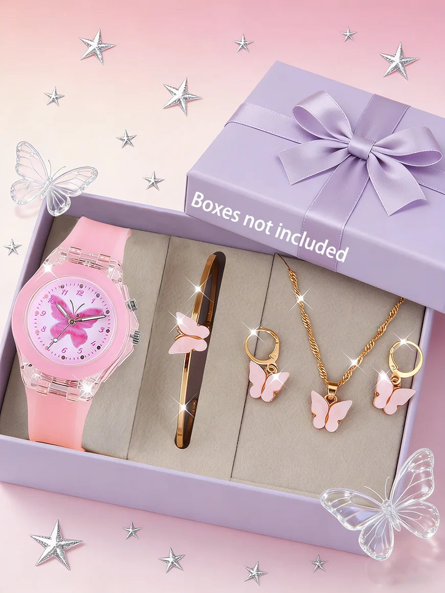 Children's Butterfly Watch And Jewelry Set Birthday Gift Unisex Cute Butterfly Theme Accessory Kit for Kids (No Box Included)