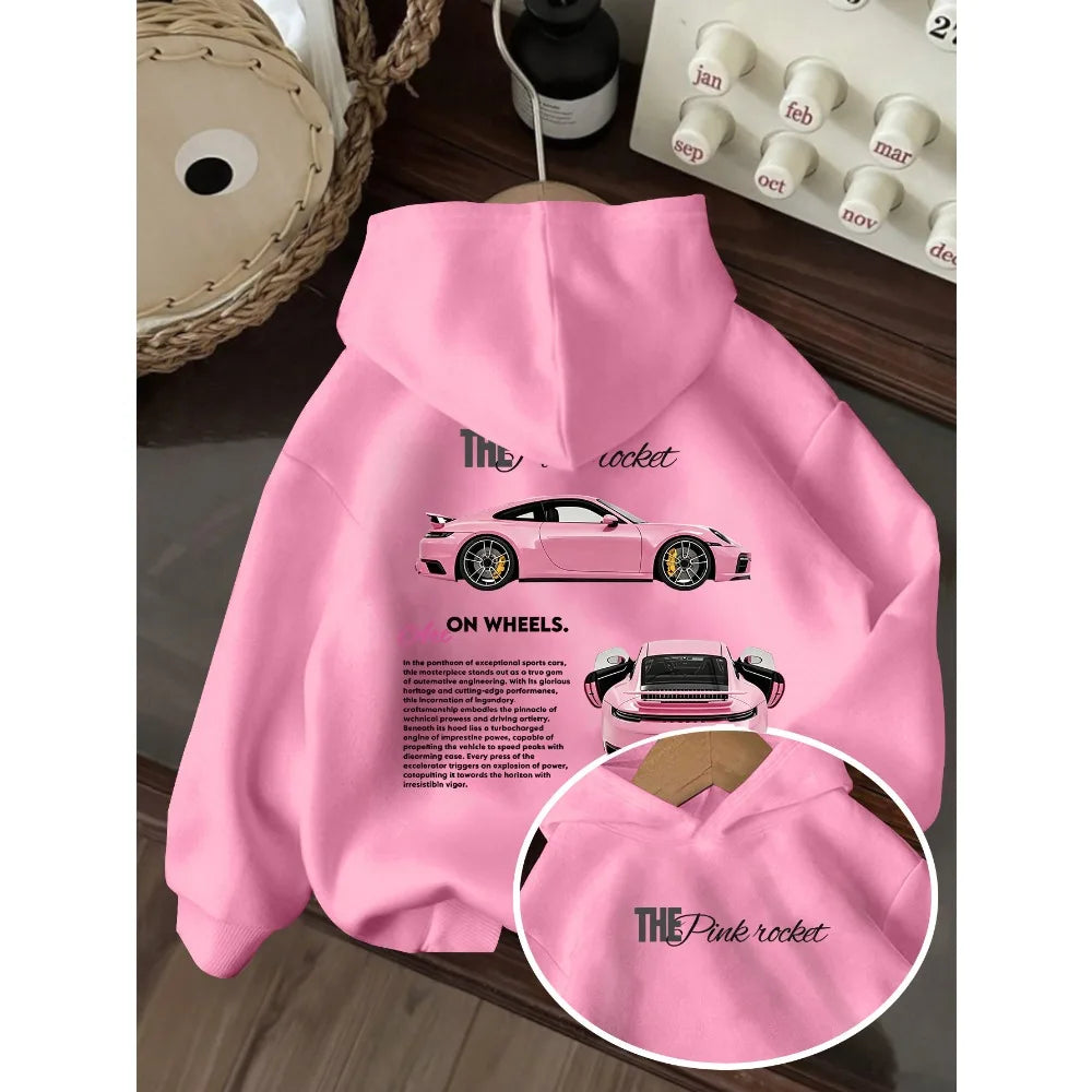 Kids Hoodie Pink Sports Car Print Long Sleeve Pullover Sweatshirt Boys Girls Casual Streetwear Children Hooded Tops