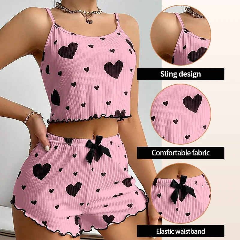Teen girl Pajamas Set Sleepwear 2 PCS Short Tank Tops And Shorts S M L White Ventilate Soft Casual Love Printing