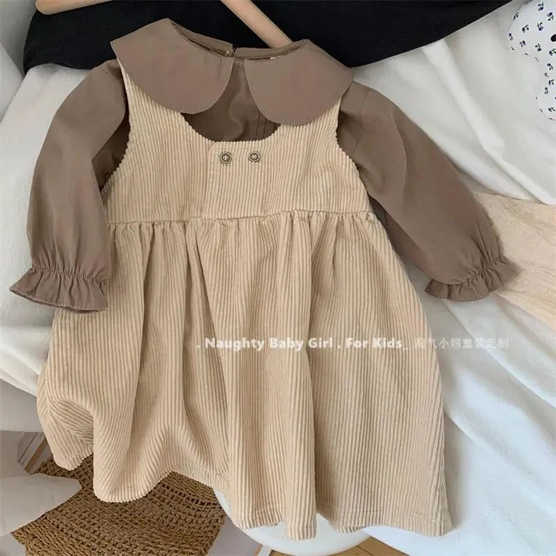 Baby Girls Sleeveless Dress Spring and Autumn New Baby Corduroy Dress Children's Lapel Loose Dress+T-shirt Set Kids Clothing Set